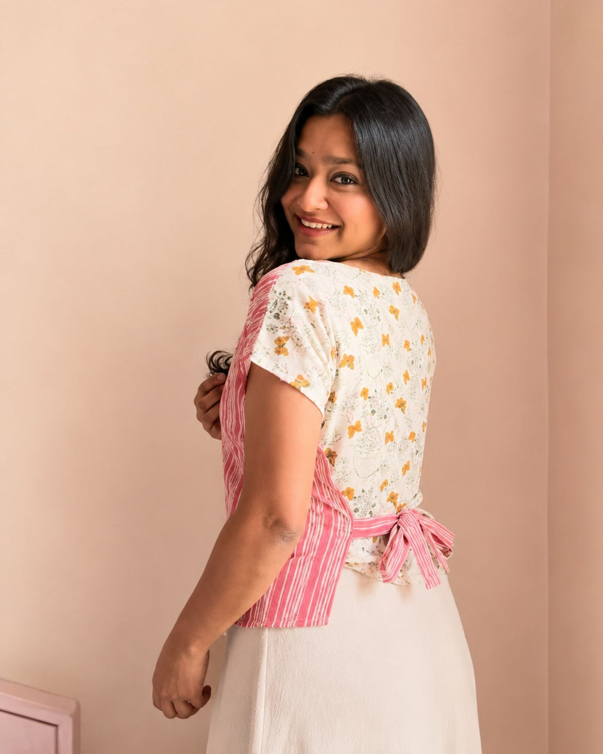 Assymetrical Top in Pink-White, view 3
