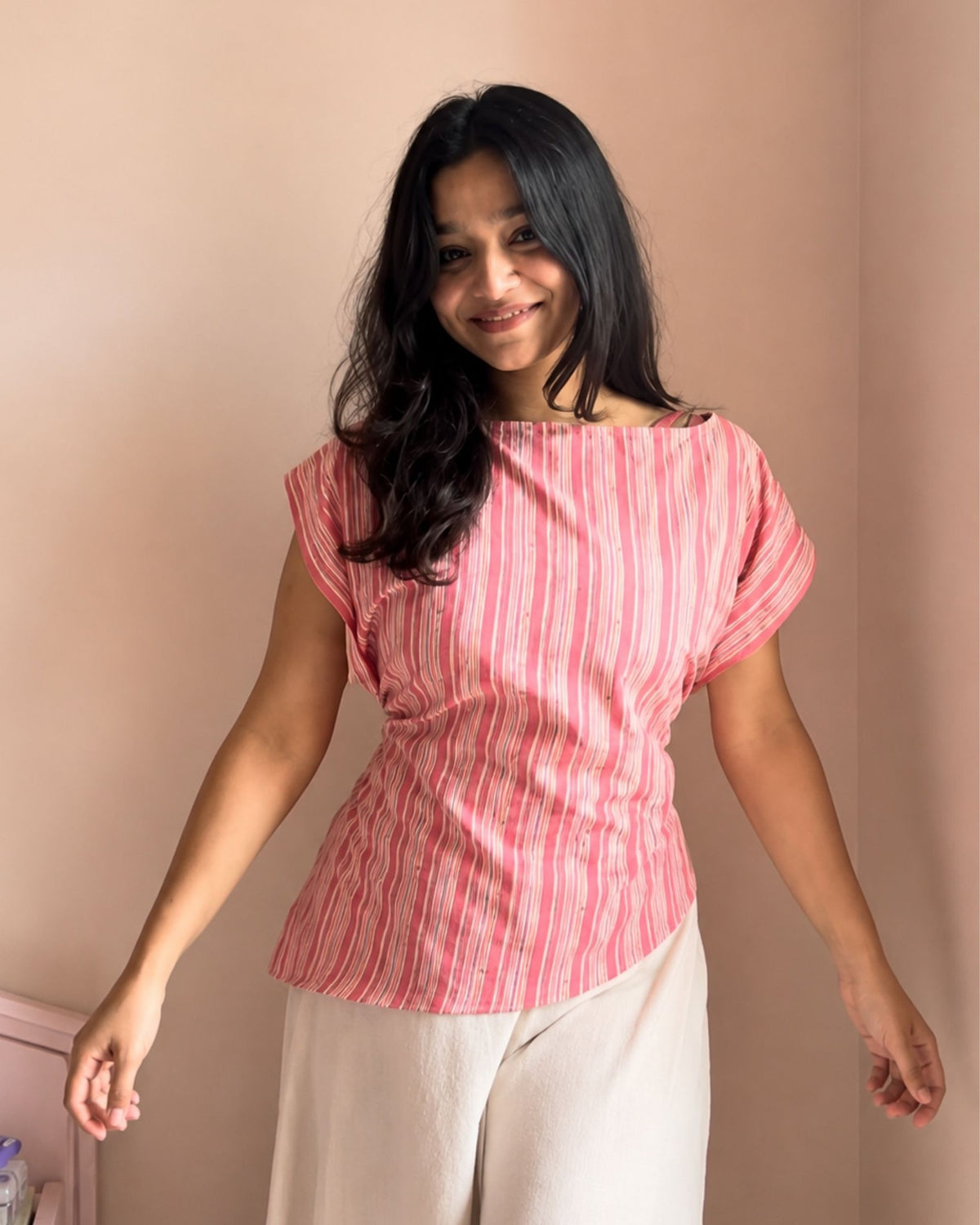Assymetrical Top in Pink-White, view 4