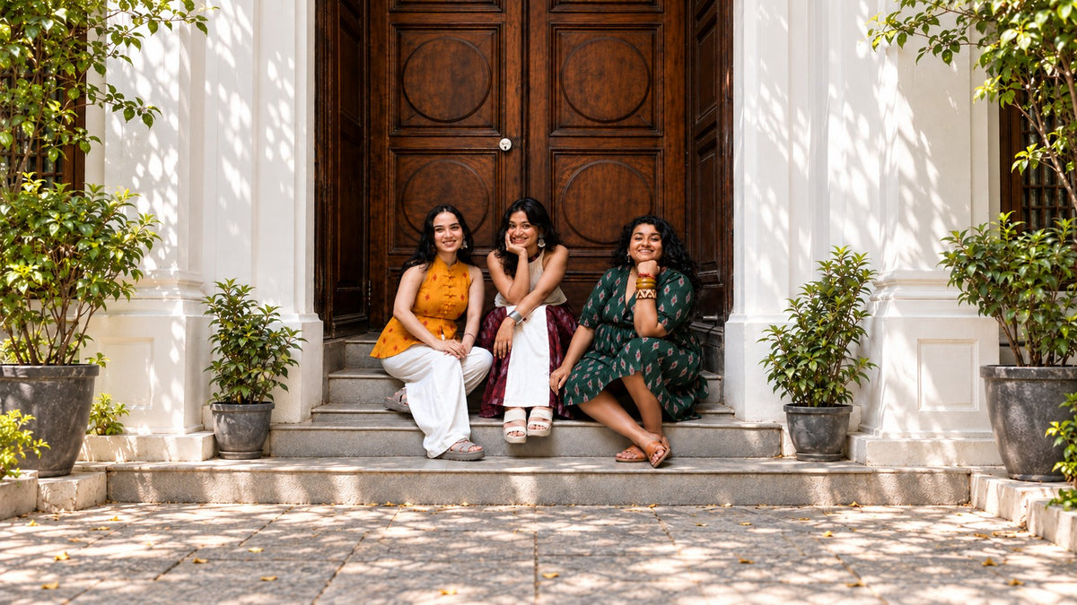Three women in Hiya hand block-printed clothing, seated on the steps